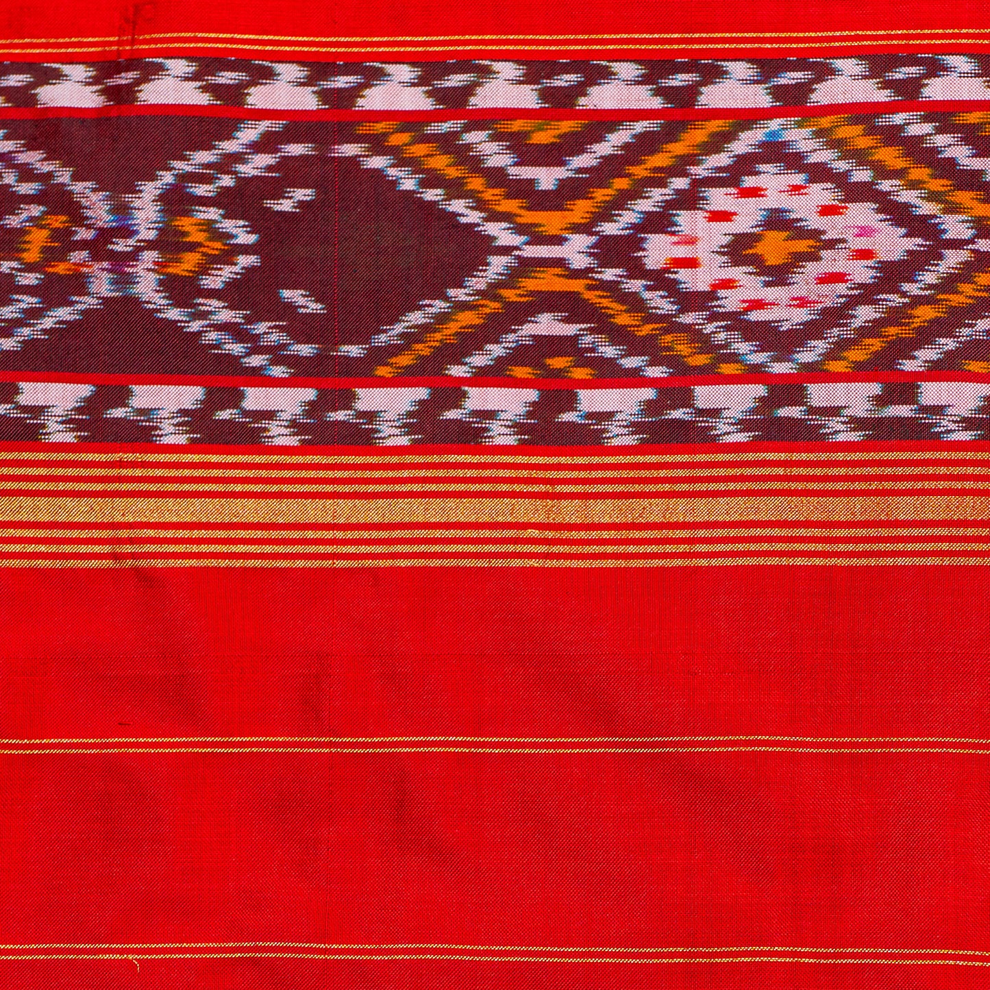 Ikatan Green & Red Mulberry Silk Patola Ikat Saree Ikatan