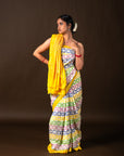 Bibhu Mohapatra Yellow & White Mulberry Silk Pochampally Ikat Saree Ikatan