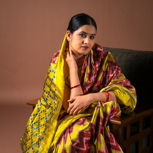 Ikatan Brown & Yellow Mulberry Silk Odisha Ikat Saree Ikatan