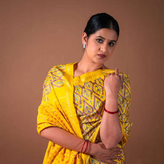 Bibhu Mohapatra Yellow & Brown Mulberry Silk Pochampally Ikat Saree Ikatan