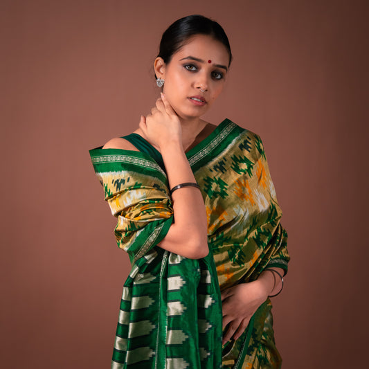 Bibhu Mohapatra Green & Yellow Mulberry Silk Pochampally Ikat Saree Ikatan