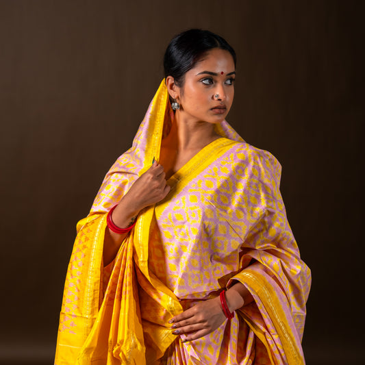 Bibhu Mohapatra Yellow & Pink Mulberry Silk Pochampally Ikat Saree Ikatan