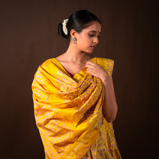 Bibhu Mohapatra Yellow Mulberry Silk Pochampally Ikat Saree Ikatan
