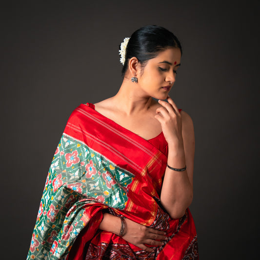 Ikatan Green & Red Mulberry Silk Patola Ikat Saree Ikatan
