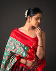 Ikatan Green & Red Mulberry Silk Patola Ikat Saree Ikatan