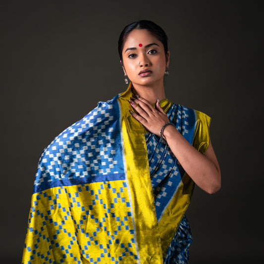 Ikatan Blue & Yellow Mulberry Silk Odisha Ikat Saree Ikatan