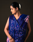 Ikatan Navy Blue & Pink Mulberry Silk Pochampally Ikat Saree Ikatan