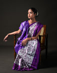 Ikatan Violet & White Mulberry Silk Pochampally Ikat Saree Ikatan