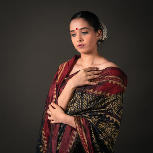 Poonam Bhagat Black & Maroon Mulberry Silk Gujarat Ikat Saree Ikatan