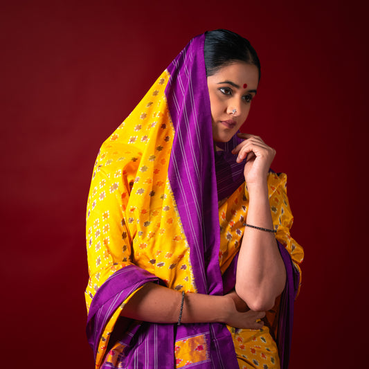 Ikatan Yellow & Purple Mulberry Silk Odisha Ikat Saree Ikatan
