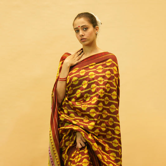 Maroon & Orangish Yellow Mulberry Silk Odisha Ikat Saree