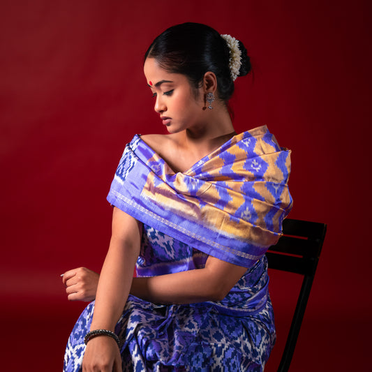 Ikatan Iris Purple & Yellow Mulberry Silk Pochampally Ikat Saree Ikatan