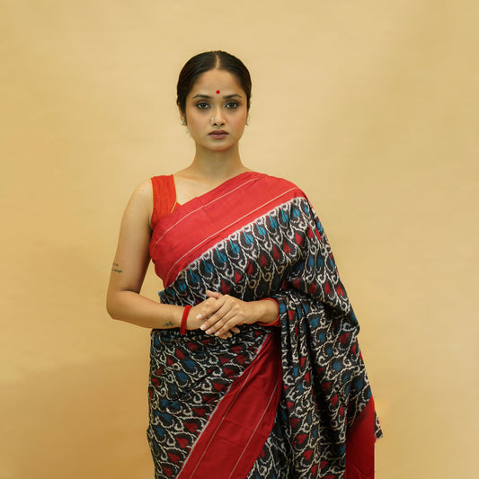 Red & Dark Blue Mulberry Silk Pochampally Ikat Saree