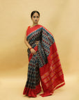 Red & Dark Blue Mulberry Silk Pochampally Ikat Saree