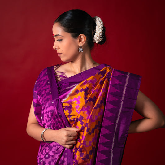 Ikatan Orange & Purple Mulberry Silk Pochampally Ikat Saree Ikatan