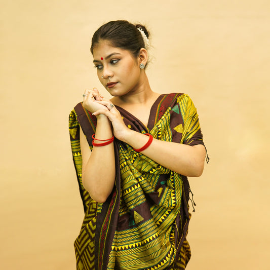 Dark Brown & Yellow Mulberry Silk Odisha Ikat Saree with Zig-Zag Border