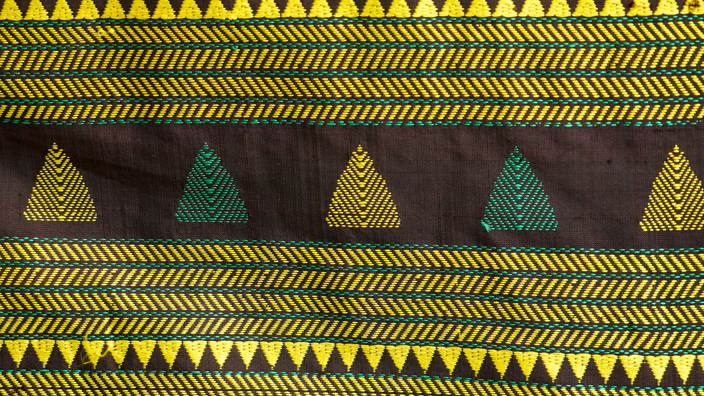 Dark Brown & Yellow Mulberry Silk Odisha Ikat Saree with Zig-Zag Border