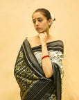 Black & White Mulberry Silk Pochampally Double Warp Ikat Saree