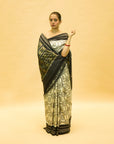 Black & White Mulberry Silk Pochampally Double Warp Ikat Saree