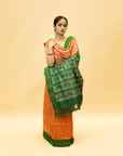 Rust Orange & Green Mulberry Silk Pochampally Ikat Saree