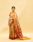 Rust Orange & White Mulberry Silk Pochampally Ikat Saree