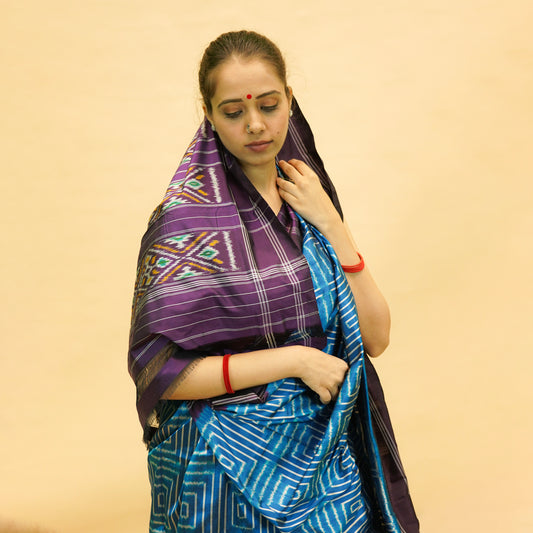 Electric Blue & Indigo Mulberry Silk Pochampally Ikat Saree