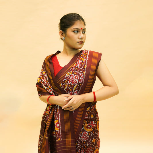 Maroon & Yellow Mulberry Silk Pochampally Ikat Saree