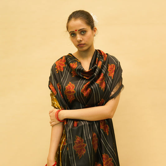 Golden & Black Mulberry Silk Odisha Ikat Saree