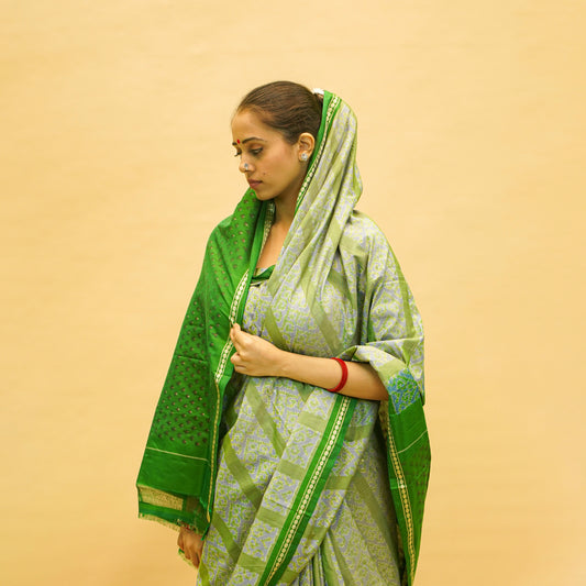 Green & Grey Mulberry Silk Pochampally Ikat Saree
