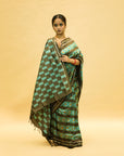 Green & Dark Grey Mulberry Silk Pochampally Ikat Saree