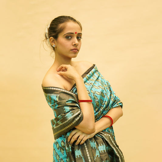 Blue & Dark Grey Mulberry Silk Pochampally Ikat Saree