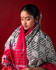 Ikatan White & Red Mulberry Silk Saree Ikatan
