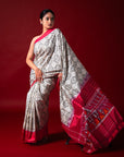 Ikatan White & Red Mulberry Silk Saree Ikatan