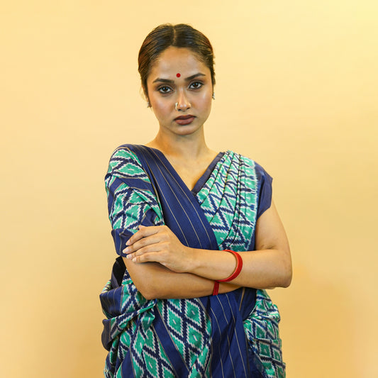 Blue & Green Mulberry Silk Odisha Diamond Style Ikat Saree