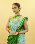 Sea Blue & Green Mulberry Silk Pochampally Ikat Saree