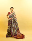 Maroon & Yellow Mulberry Silk Pochampally Ikat Saree