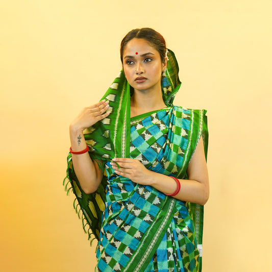 Aqua Blue & Green Mulberry Silk Pochampally Ikat Saree