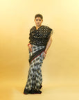 Grey & Black Mulberry Silk Pochampally Double Warp Ikat Saree