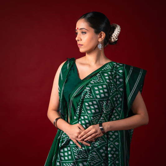 Ikatan Forest Green Mulberry Silk Odisha Ikat Saree Ikatan