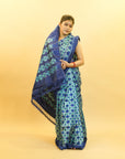 Blue & Sea Green Mulberry Silk Pochampally Geometric Ikat Saree