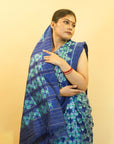 Blue & Sea Green Mulberry Silk Pochampally Geometric Ikat Saree