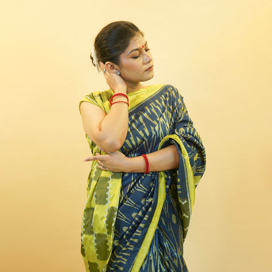 Bibhu Mohapatra Navy Blue & Lime Green Mulberry Silk Odisha Ikat Saree
