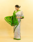 Grey & Green Mulberry Silk Pochampally Ikat Saree