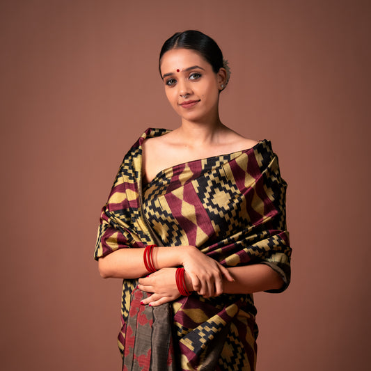 Bibhu Mohapatra Maroon & Golden Mulberry Silk Odisha Ikat Saree Ikatan