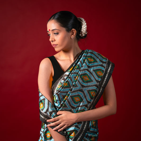 Ikatan Metallic Blue Mulberry Silk Pochampally Ikat Saree Ikatan
