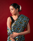 Ikatan Metallic Blue Mulberry Silk Pochampally Ikat Saree