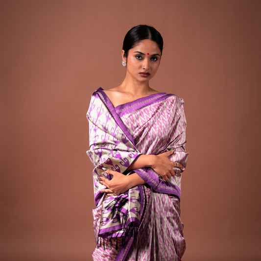 Bibhu Mohapatra Purple & Silver Mulberry Silk Pochampally Ikat Saree Ikatan