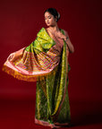 Ikatan Parrot Green & Peach Mulberry Silk Patola Ikat Saree Ikatan
