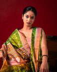 Ikatan Parrot Green & Peach Mulberry Silk Patola Ikat Saree Ikatan