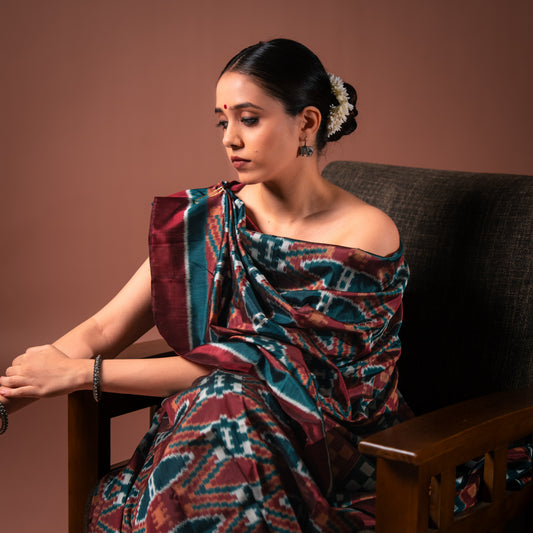 Bibhu Mohapatra Maroon & Blue Mulberry Silk Odisha Ikat Saree Ikatan